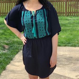 Blue Rain Short Sleeve Embroidered Front Dress